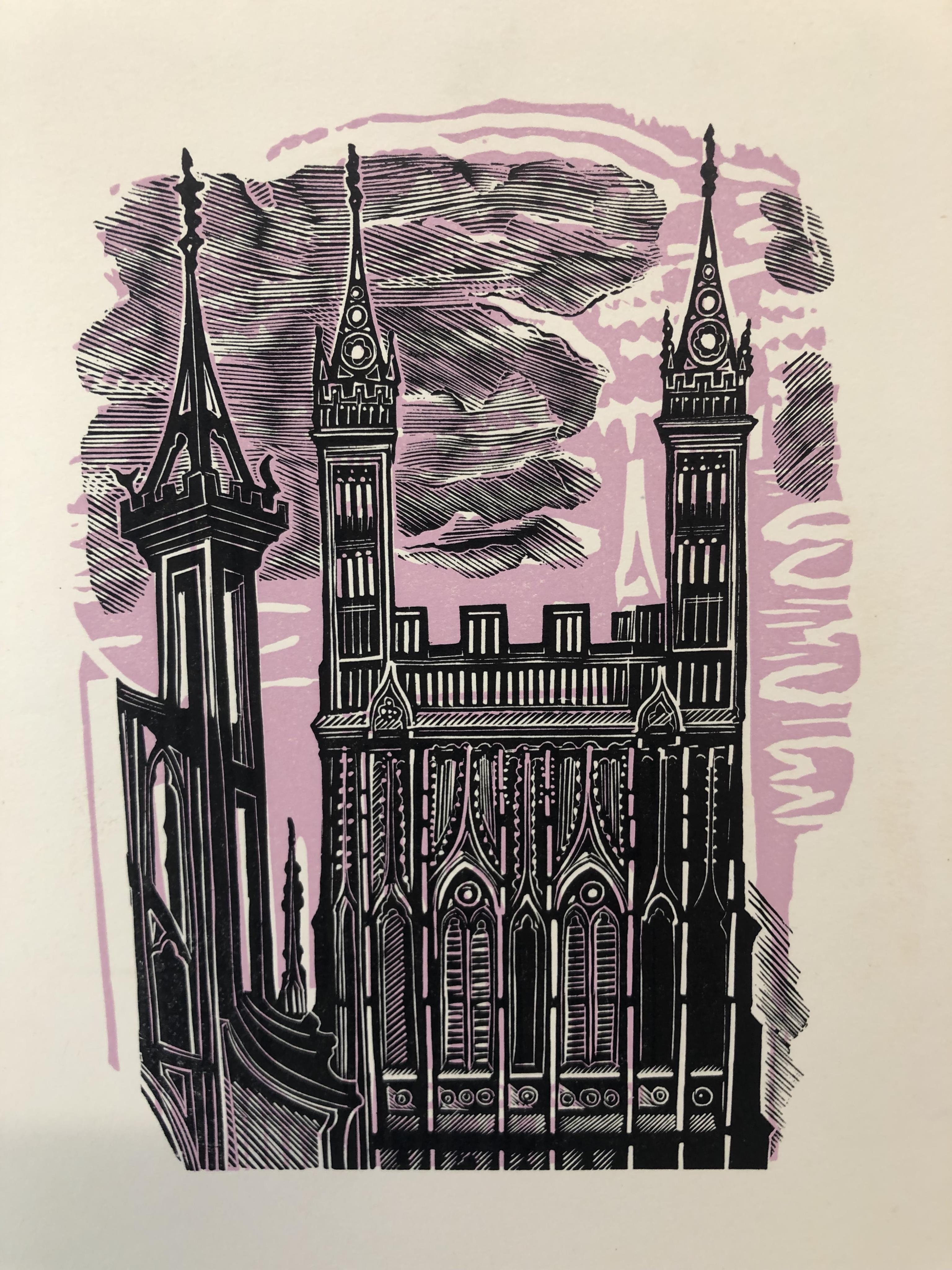 John O’Connor (1913- 2004), four colour lithographs after woodcuts, including study of a nude boy and Cathedral, 1959, unframed, 25 x 18cm. Condition - good